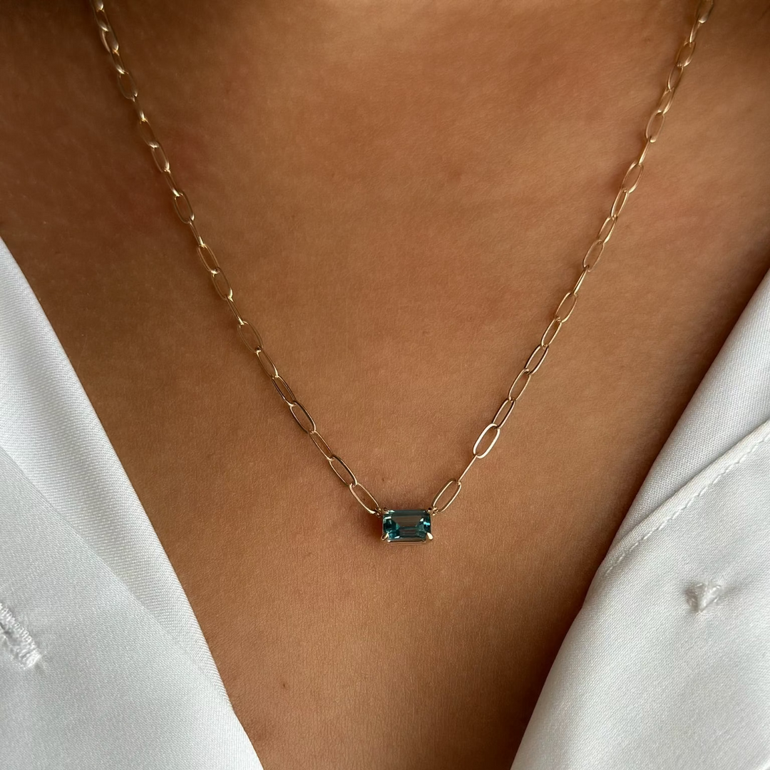 14K Emerald-Cut Gemstone Paperclip Necklace