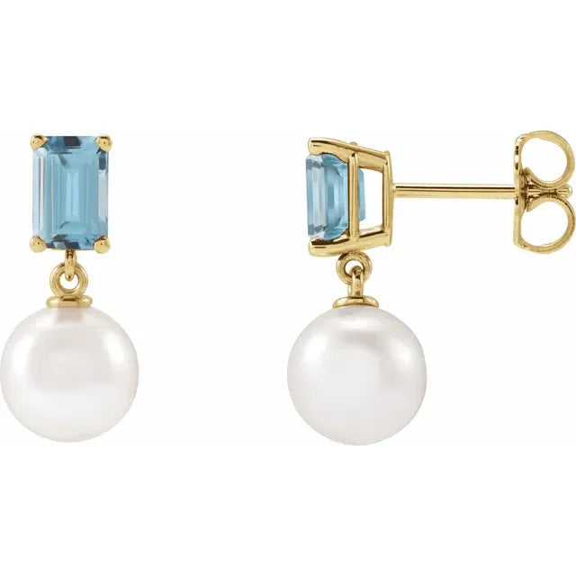 14K Gemstone &amp; Cultured White Akoya Pearl Drop Studs