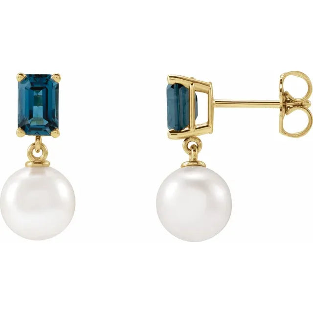 14K Gemstone &amp; Cultured White Akoya Pearl Drop Studs