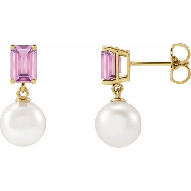 14K Gemstone &amp; Cultured White Akoya Pearl Drop Studs