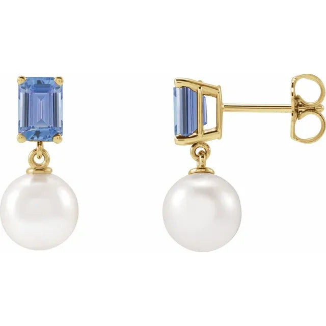 14K Gemstone &amp; Cultured White Akoya Pearl Drop Studs