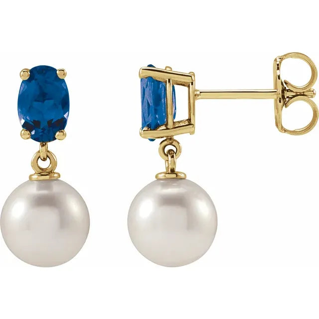 14K Gemstone &amp; Cultured White Akoya Pearl Drop Studs