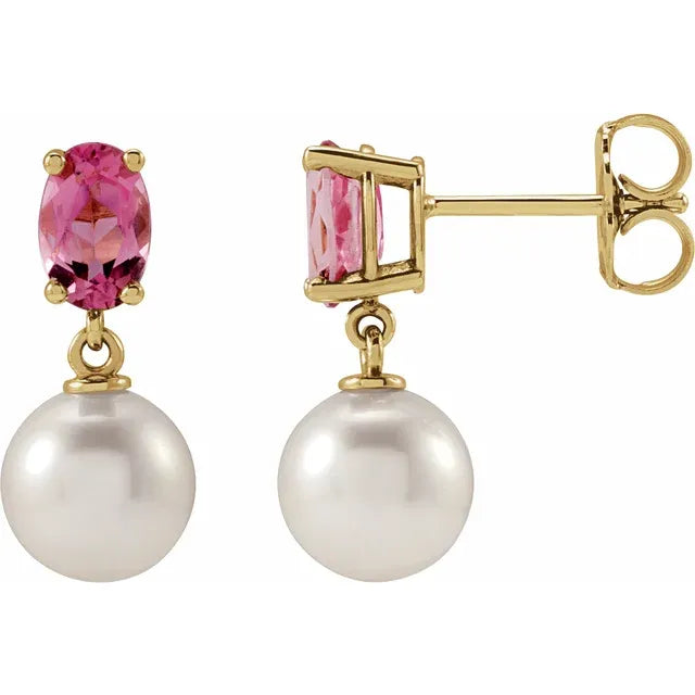 14K Gemstone &amp; Cultured White Akoya Pearl Drop Studs
