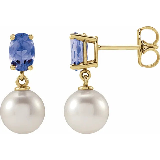 14K Gemstone &amp; Cultured White Akoya Pearl Drop Studs