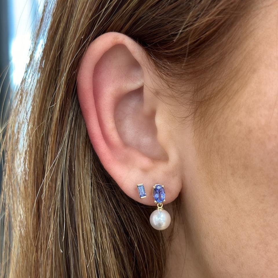 14K Gemstone &amp; Cultured White Akoya Pearl Drop Studs