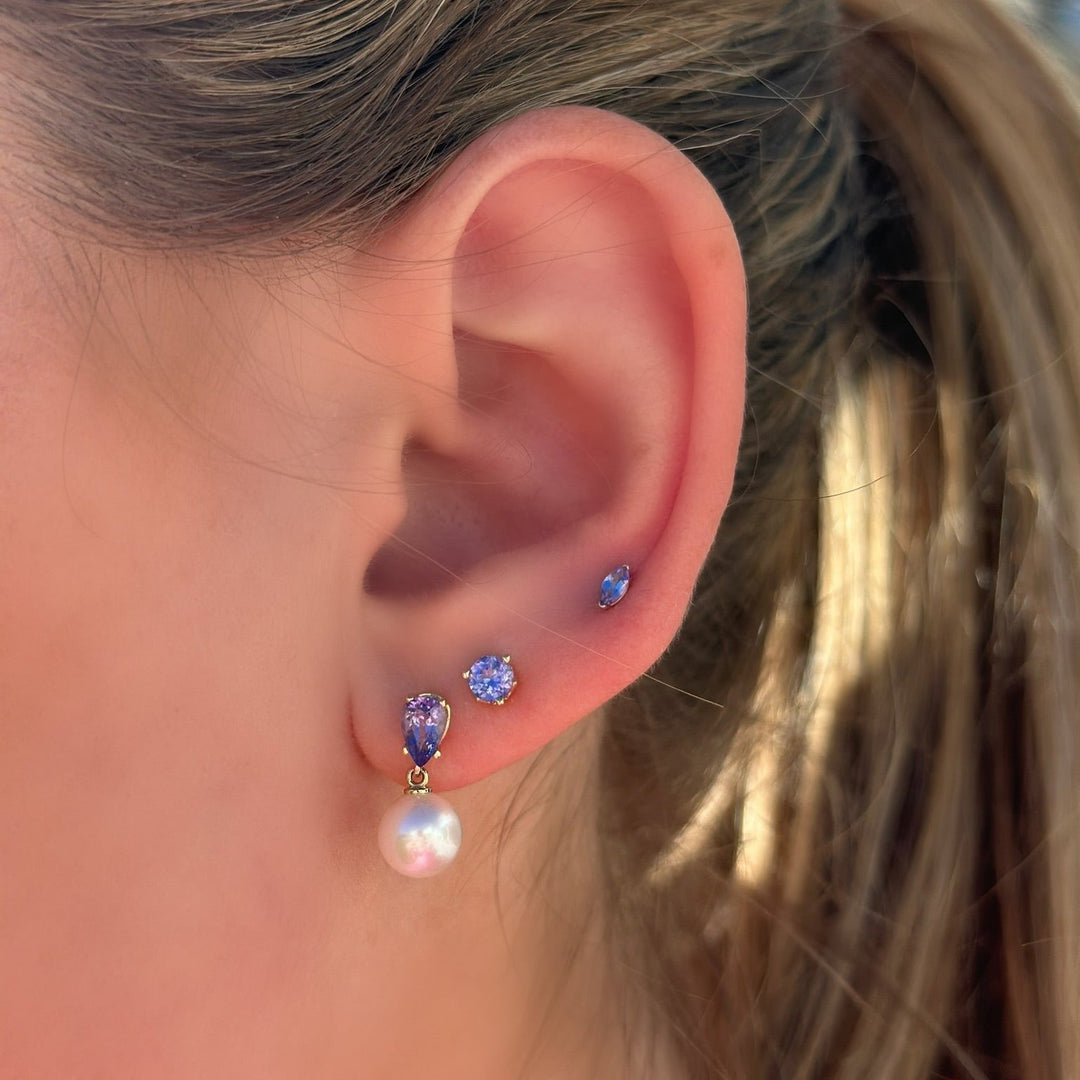 14K Gemstone &amp; Cultured White Akoya Pearl Drop Studs