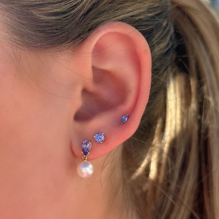 14K Gemstone &amp; Cultured White Akoya Pearl Drop Studs