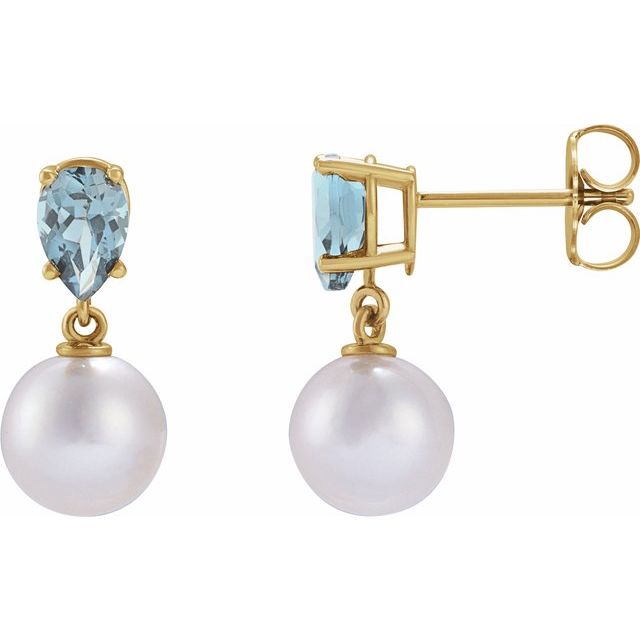 14K Gemstone &amp; Cultured White Akoya Pearl Drop Studs