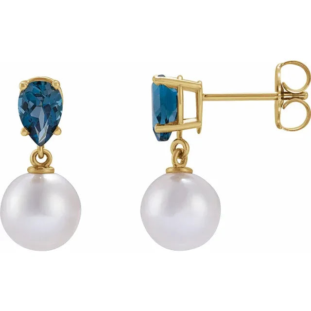 14K Gemstone &amp; Cultured White Akoya Pearl Drop Studs