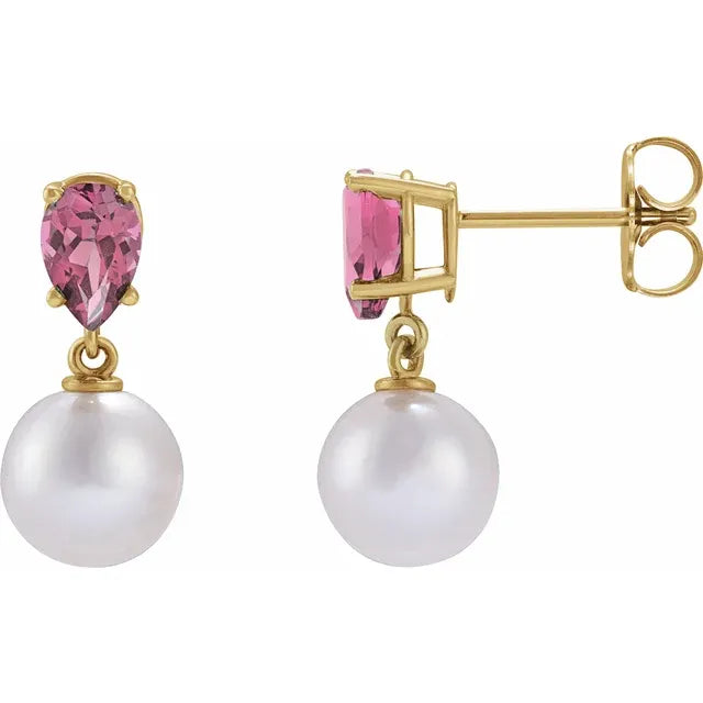 14K Gemstone &amp; Cultured White Akoya Pearl Drop Studs