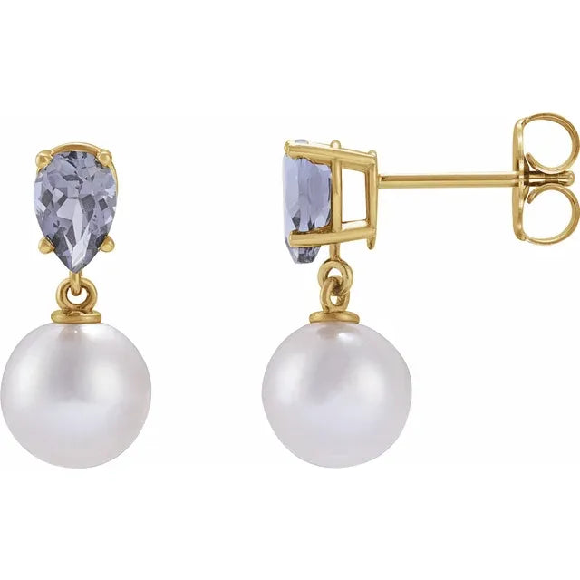 14K Gemstone &amp; Cultured White Akoya Pearl Drop Studs