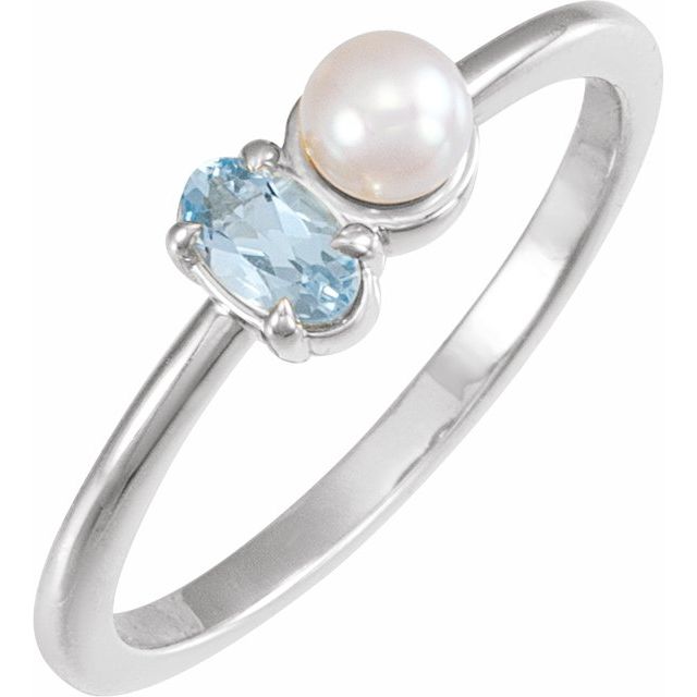 14K Gemstone &amp; Cultured White Akoya Pearl Ring