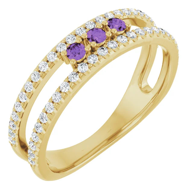 14K Gemstone &amp; Double Pavé Band Ring
