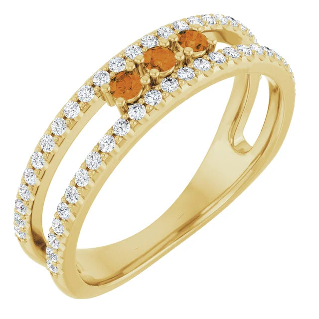 14K Gemstone &amp; Double Pavé Band Ring