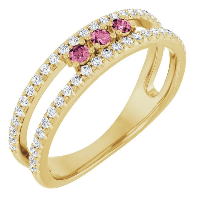 14K Gemstone &amp; Double Pavé Band Ring
