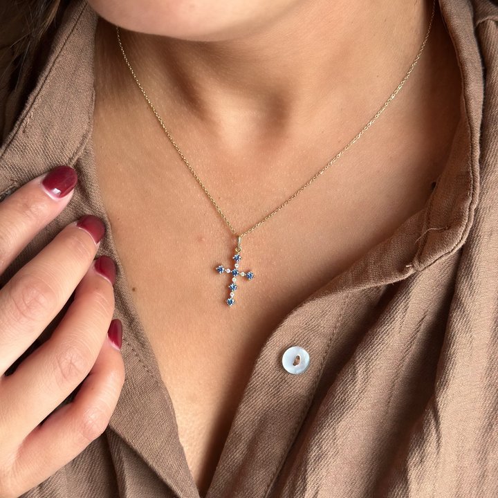 14K Lab Grown Gemstone &amp; .07 CTW Natural Diamond Cross Necklace
