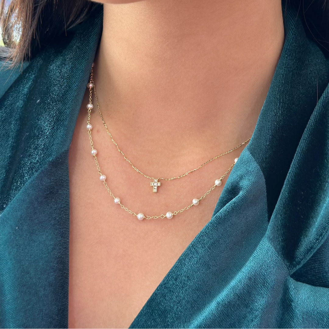 14K Mini Channel-Set Diamond Cross Necklace