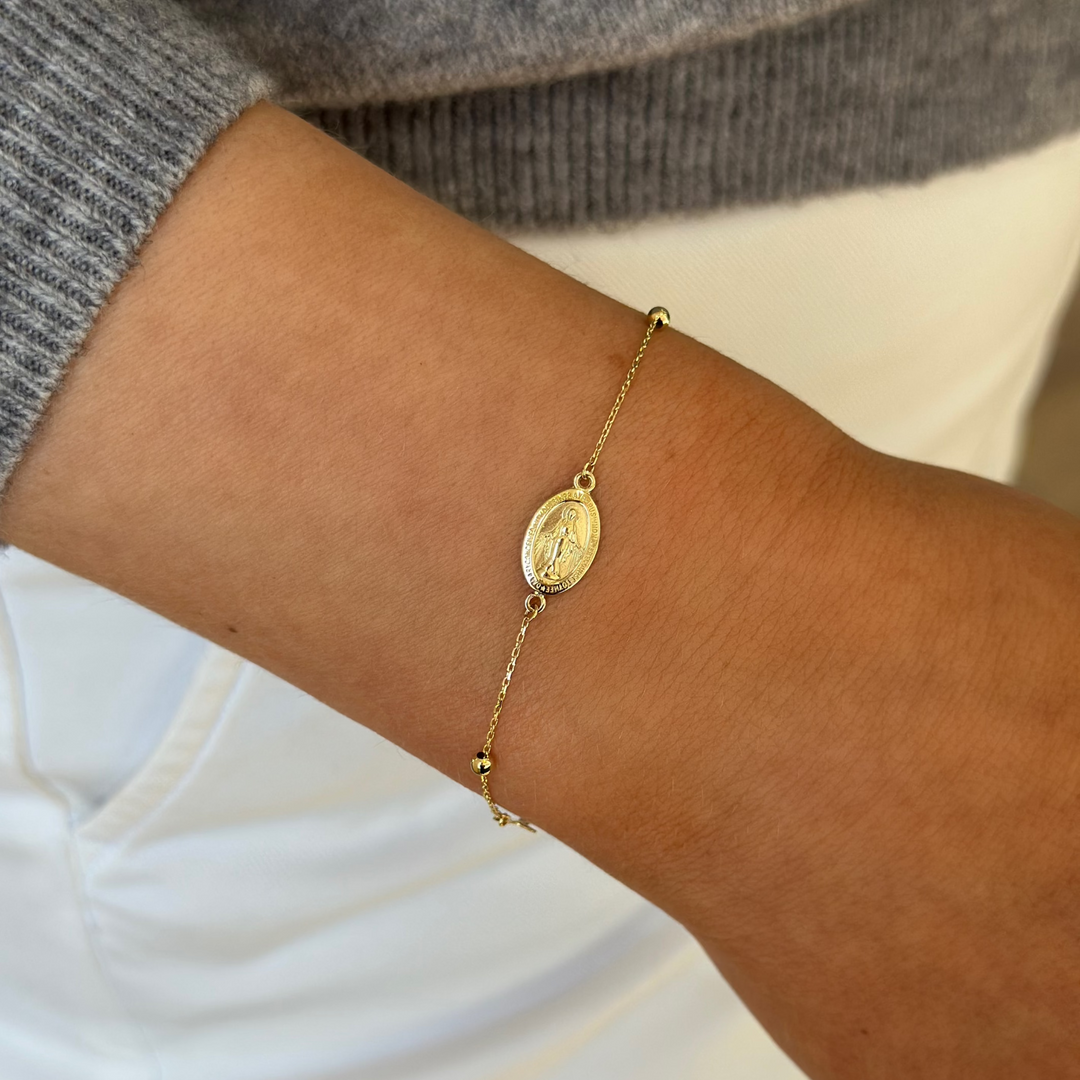 14K Miraculous Medal &amp; Cross Rosary Bracelet