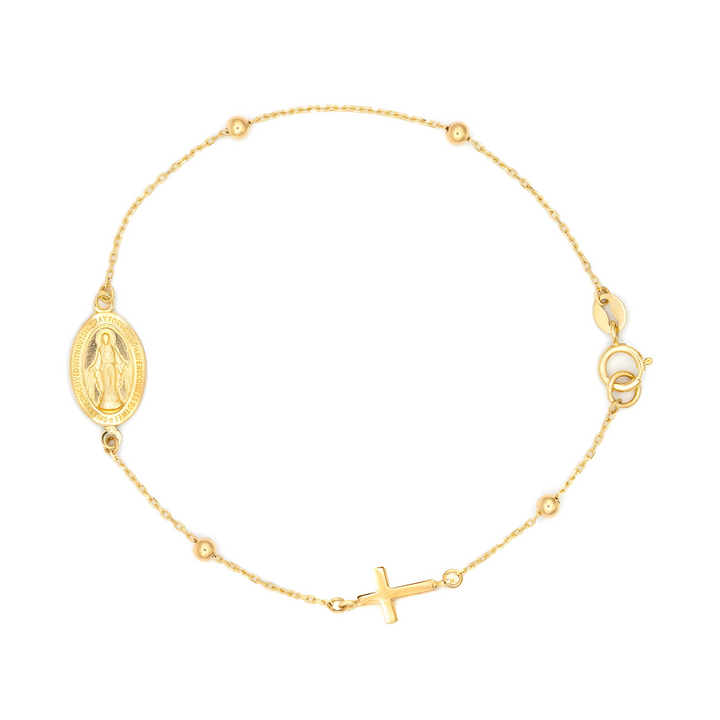 14K Miraculous Medal &amp; Cross Rosary Bracelet