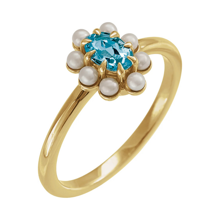 14K Natural Gemstone &amp; Pearl Halo-Style Ring