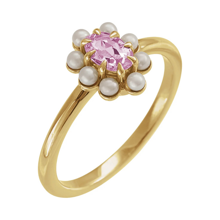 14K Natural Gemstone &amp; Pearl Halo-Style Ring
