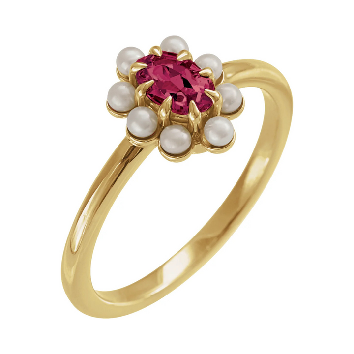 14K Natural Gemstone &amp; Pearl Halo-Style Ring
