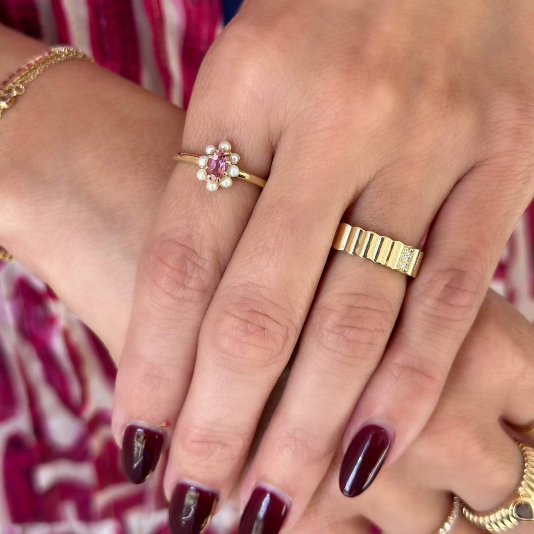 14K Natural Gemstone &amp; Pearl Halo-Style Ring