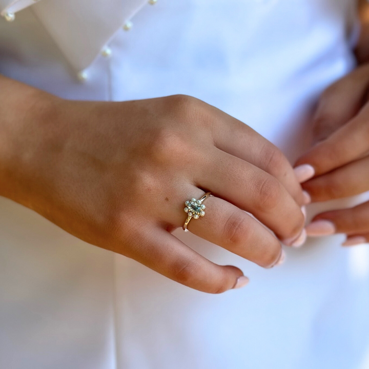 14K Natural Gemstone &amp; Pearl Halo-Style Ring