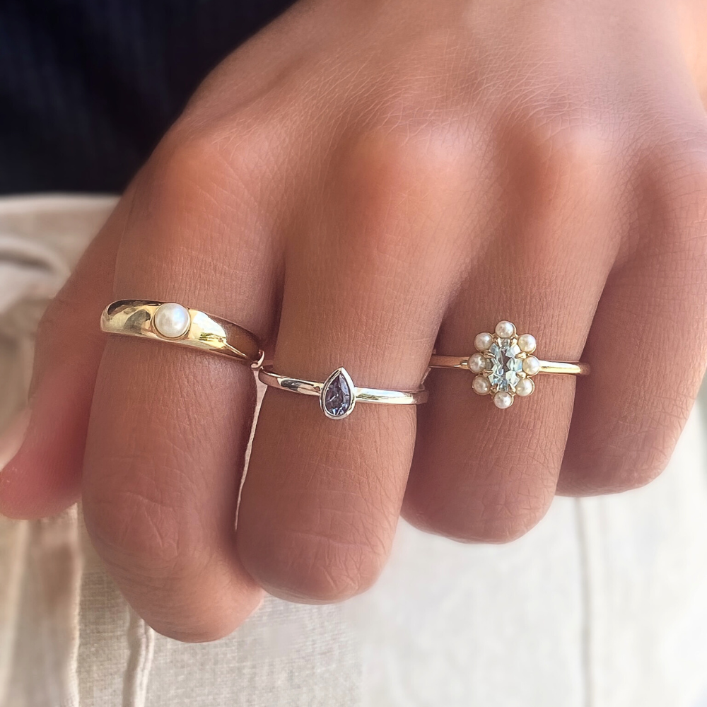 14K Natural Gemstone &amp; Pearl Halo-Style Ring