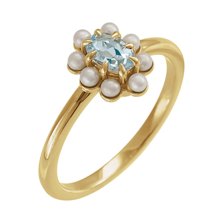 14K Natural Gemstone &amp; Pearl Halo-Style Ring
