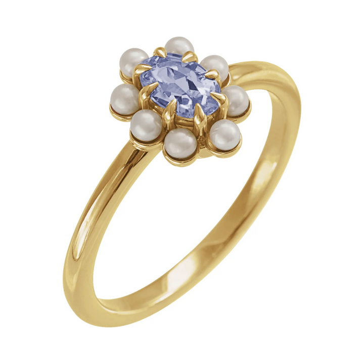 14K Natural Gemstone &amp; Pearl Halo-Style Ring