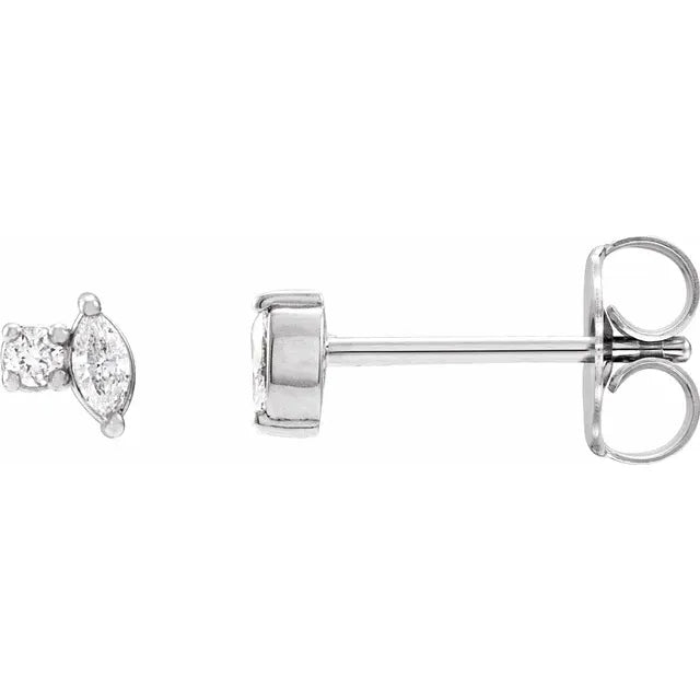 14K Natural Marquise &amp; Round Diamond Stud