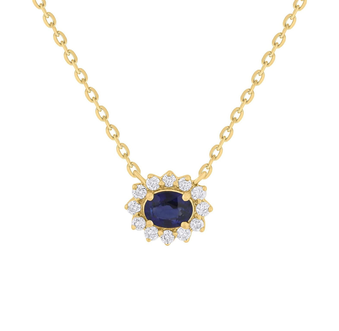 14K Oval Blue Sapphire &amp; Diamond Halo Necklace
