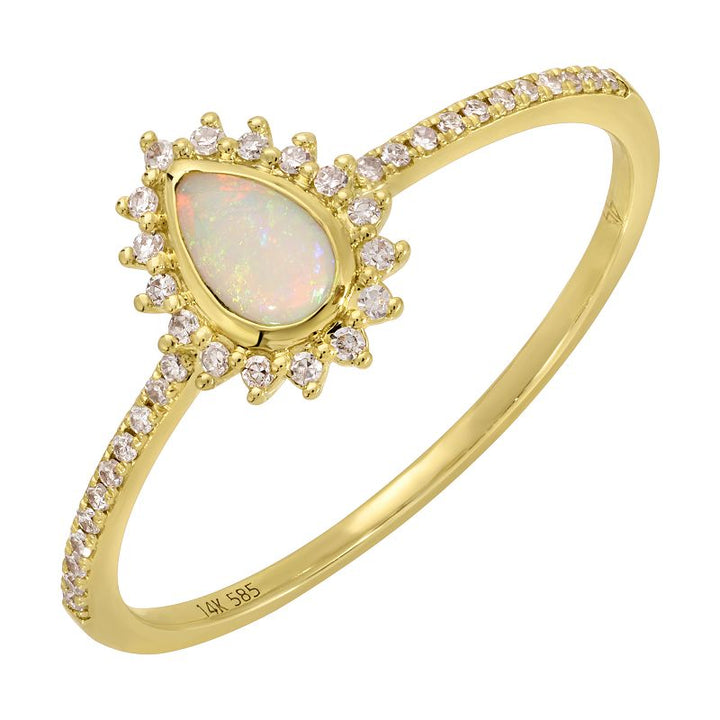 14K Pear Shaped Opal Bezel &amp; Diamond Halo Ring