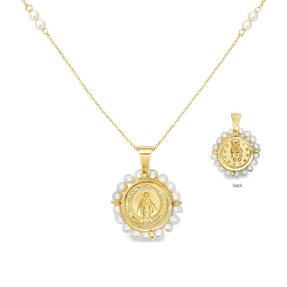 14K Pearl Halo Miraculous Medal Necklace