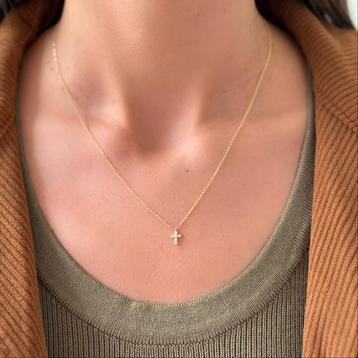 14K Petite Natural Diamond Cross Necklace