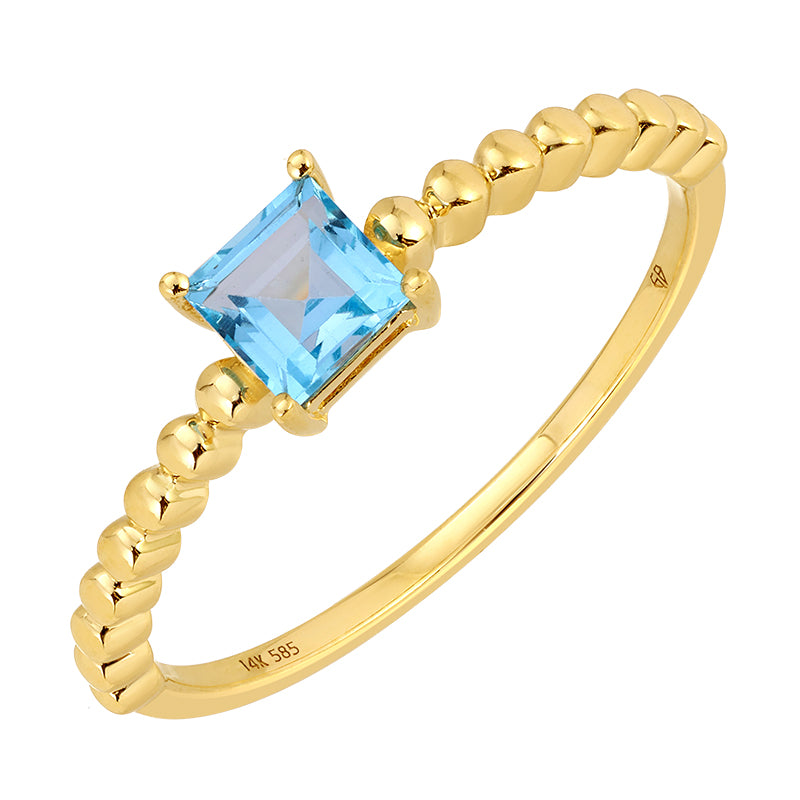 14K Princess-Cut Blue Topaz Beaded Ring