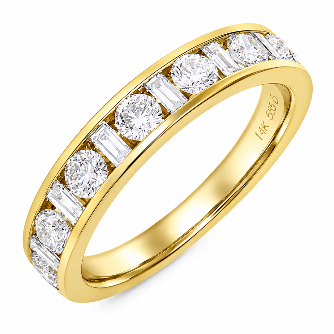 14K Natural Round Diamond &amp; Baguette Channel Wedding Band