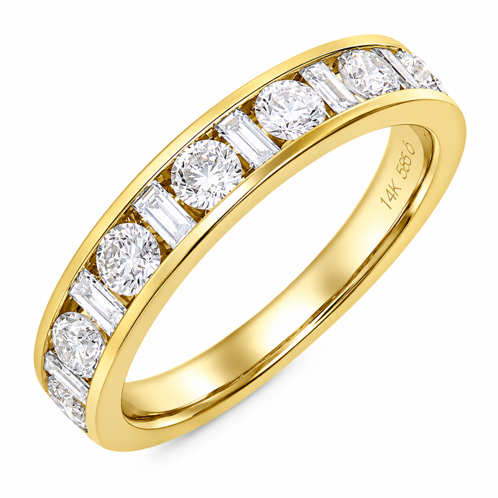 14K Natural Round Diamond &amp; Baguette Channel Wedding Band