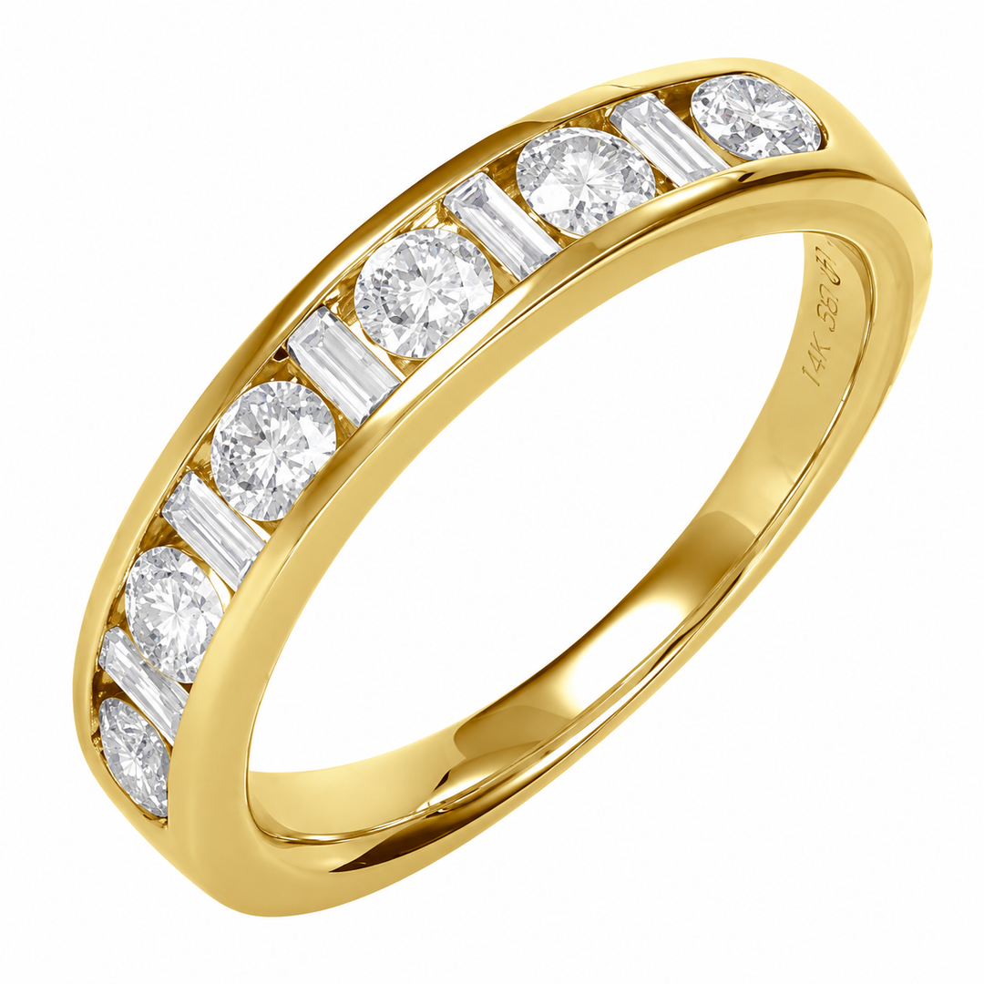 14K Natural Round Diamond &amp; Baguette Channel Wedding Band