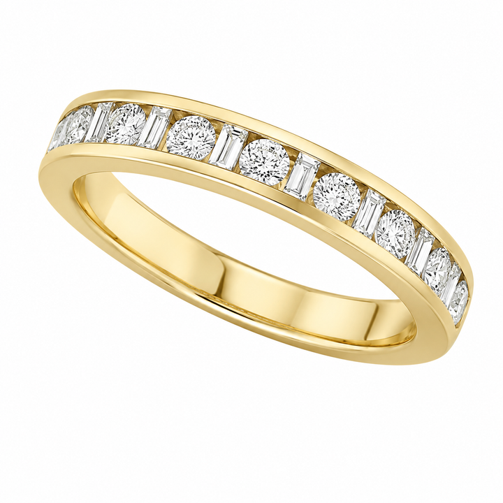 14K Natural Round Diamond &amp; Baguette Channel Wedding Band