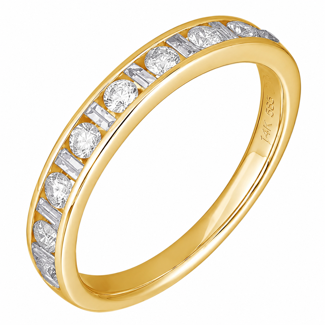 14K Natural Round Diamond &amp; Baguette Channel Wedding Band