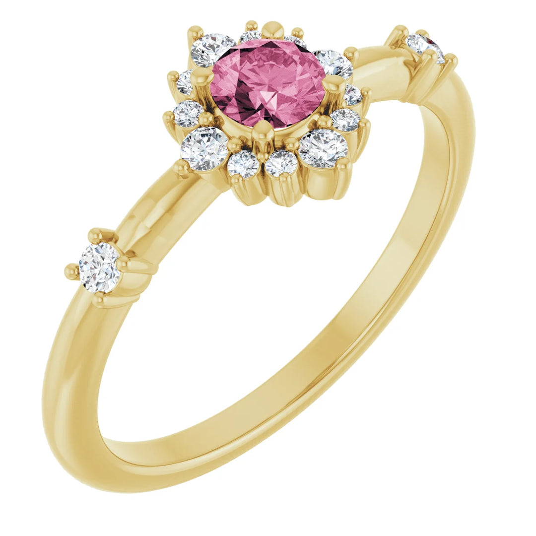 14K Round Gemstone &amp; 1/6 CTW Natural Diamond Halo-Style Ring