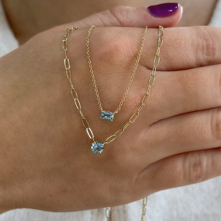 14K Round Gemstone Solitaire Paperclip Necklace