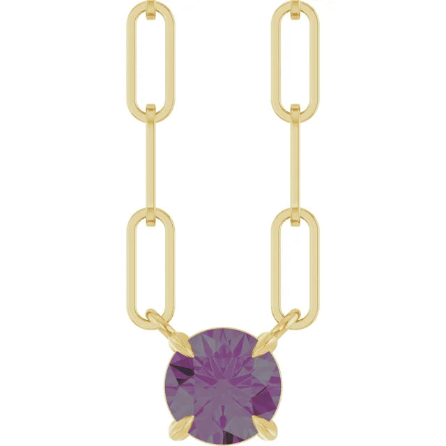 14K Round Gemstone Solitaire Paperclip Necklace