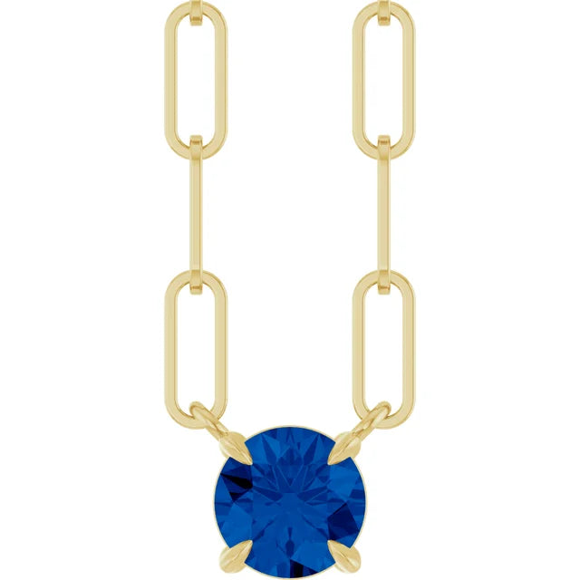 14K Round Gemstone Solitaire Paperclip Necklace