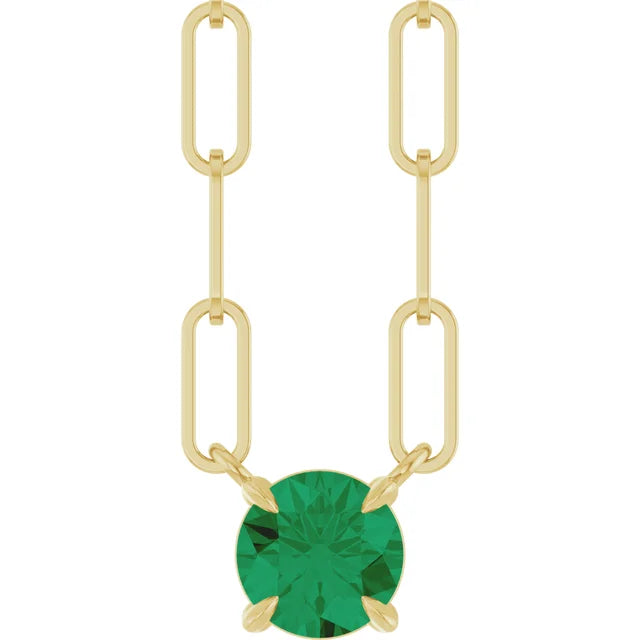 14K Round Gemstone Solitaire Paperclip Necklace