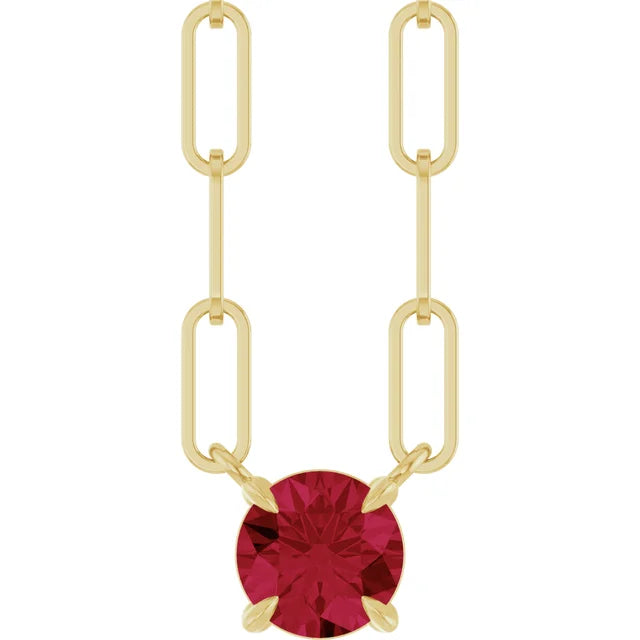 14K Round Gemstone Solitaire Paperclip Necklace