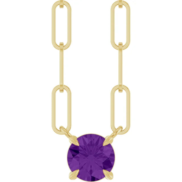 14K Round Gemstone Solitaire Paperclip Necklace