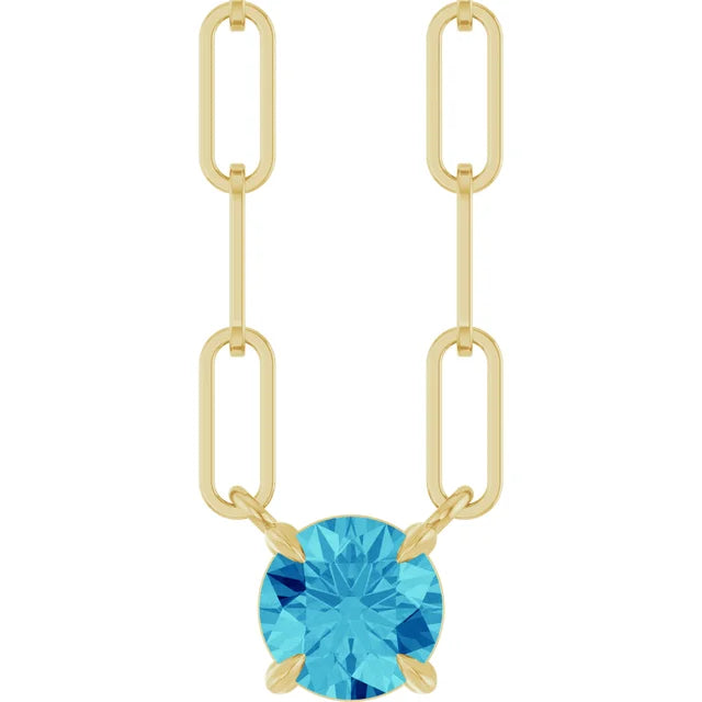 14K Round Gemstone Solitaire Paperclip Necklace